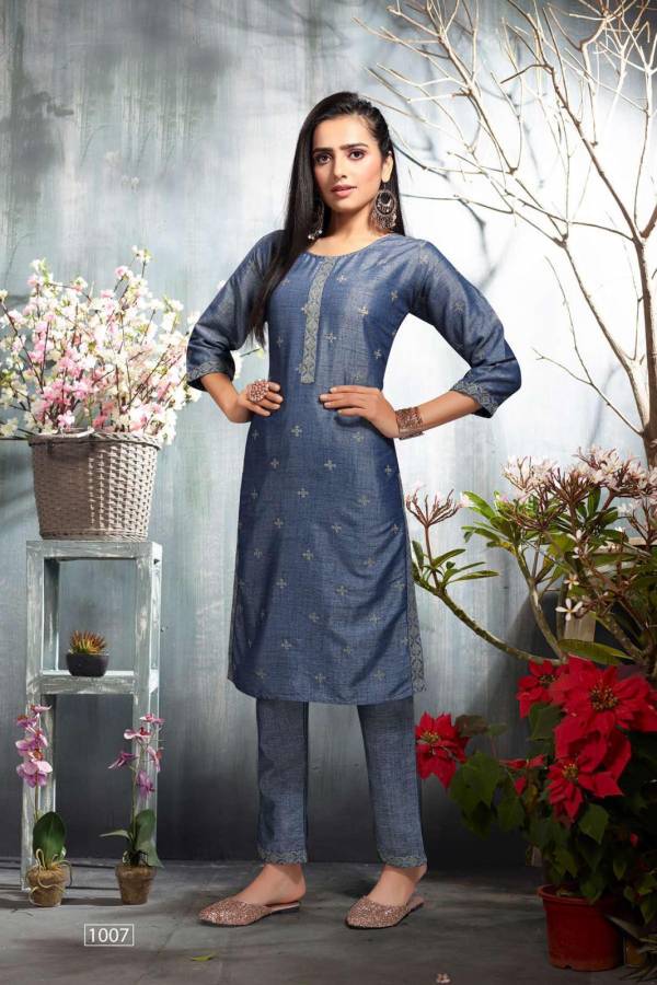 Saloni Fancy Casual Wear Rayon Embroidery Kurti With Pant Collection